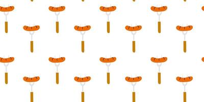 Colorful sausages are evenly arranged on forks against a plain background vector