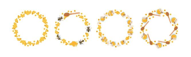 Decorative honey-themed circles featuring bees and honey jars for crafts and design vector