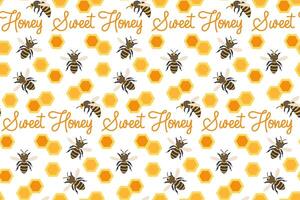 Honey bees gather around a vibrant pattern of hexagonal honeycomb and playful text vector
