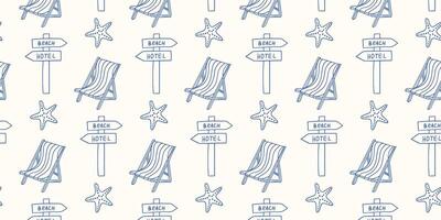 Stylized beach-themed pattern featuring chairs and directional signs vector