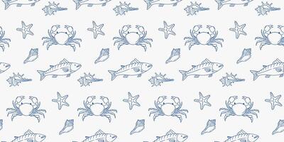 Underwater life patterns showcasing crabs, fish, and seashells in simple line art style vector