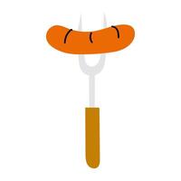 Cooking sausage on a fork over an open flame at an outdoor gathering vector