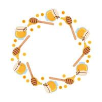 Circular arrangement of honey jars and dipper sticks on white background vector