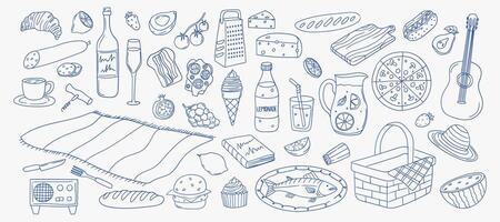 Picnic setup with various foods and items on blanket at outdoor location vector