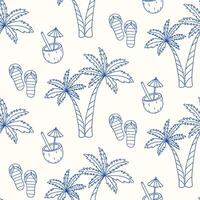 Relaxing beach scene with palm trees, coconuts, and flip-flops perfect for summer vibes vector