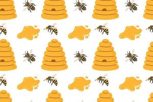 Pattern featuring beehives and bees with honey droplets on a white background vector