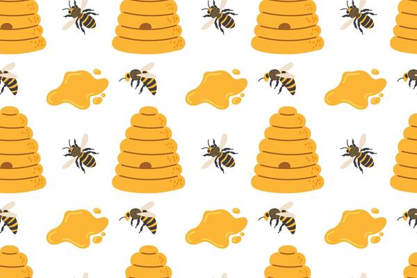 Pattern featuring beehives and bees with honey droplets on a white background