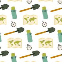 Outdoor adventure tools pattern with maps, timers, and shovels suitable for various explorations vector