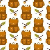 Backpacks with acorns and leaves create a patterned design suitable for various creative projects vector