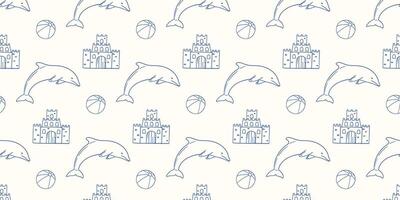Fun beach-themed pattern featuring dolphins, sandcastles, and basketballs in light colors vector