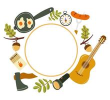 Cooking adventure with eggs, sausages, and camping gear in a rustic setting vector