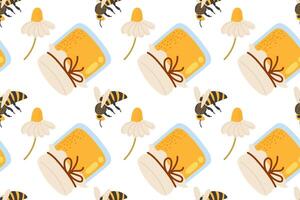 Brightly colored bees and honey jars designed in a cheerful pattern for a summer theme vector