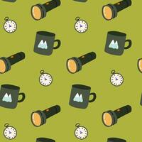 Pattern featuring adventure gear like flashlights, mugs, and watches in a green background vector