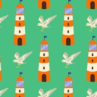 Colorful lighthouse and seagull pattern on bright background with whimsical design elements vector