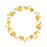 Colorful honey jars arranged in a circular pattern with honey and beeswax accents vector
