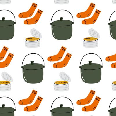 Colorful pattern featuring pots, socks, and cans in a playful arrangement