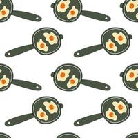 Pattern of frying pans with sunny side up eggs on a white background vector
