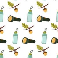 Nature-themed pattern featuring flashlights, water bottles, and acorns on a white background vector