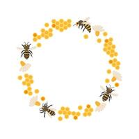 Bees gather honey in a floral setting with honeycomb and blossoms in a vibrant circular design vector