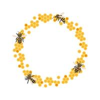 Bees collect pollen and create a honeycomb pattern in a circular design vector