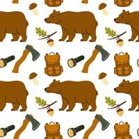 Pattern featuring bears, camping gear, and nature elements in a playful design vector