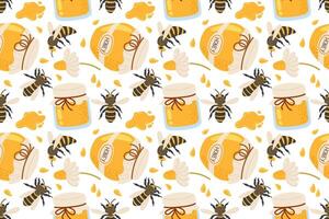 Bees and honey jars create a vibrant pattern in a cheerful setting for nature lovers vector