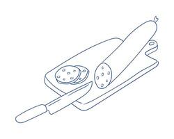 Slicing sausage on wooden cutting board with knife and round slices vector