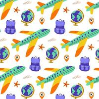 Colorful travel-themed patterns featuring airplanes, globes, and backpacks in a playful design vector