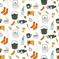 Collection of camping items and activities represented in a fun, colorful pattern vector