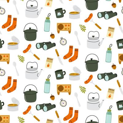 Collection of camping items and activities represented in a fun, colorful pattern