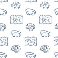 Pattern featuring travel themes with maps, pastries, and sleep masks in light blue outlines vector