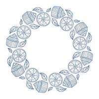 Cupcakes and citrus fruit design in a decorative wreath shape vector