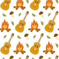 Pattern of guitars, campfires, and nature elements in a colorful design vector