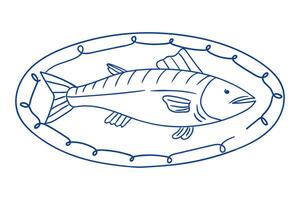 Illustration of a fish on a decorative plate in simplistic style with linear details vector