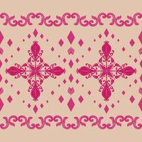 Classy Sense of Deeply Pink Geometric and Fleur de lis Design. Motif Precious Bling Diamond Petals Florals with Scroll Ornament Border Striped Pattern on Beige Background for Embroidery Apparel Scarf vector