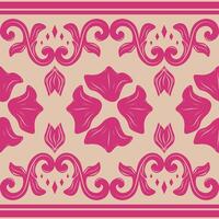 Abstract Bohemian Petals Delicate Scroll Ornament Decoration with Fuchsia Pink Silk Hand Drawn On Beige Background. Elegance Boho Pattern for Border Striped Rim Interior Lace Craft Textiles Tiles vector