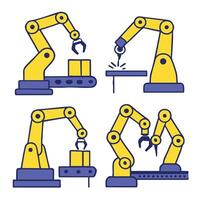 Robotic arms performing various tasks in factory setting, showcasing automation and efficiency vector