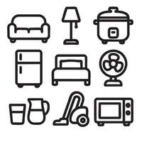 Cozy furniture and appliances in simple design, including sofa, lamp, and refrigerator vector