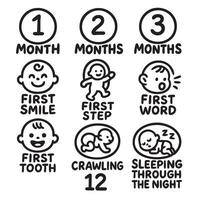 Milestones for babies first smile, first step, first word, first tooth, crawling, sleeping vector