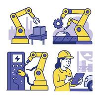 Illustration of robotic arms various industrial settings, showcasing automation and technology vector