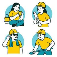 Cheerful worker in yellow shirt enjoys snack, while others engage in various tasks vector
