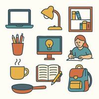 Cozy workspace featuring laptop, desk lamp, and stationery, perfect for studying or working vector
