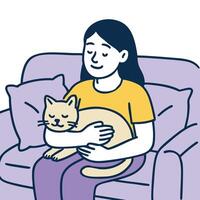 Woman relaxing on sofa while cuddling cat , Adobe Illustrator Artwork vector