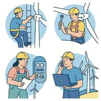 Wind turbine worker performing various tasks, showcasing teamwork and safety in renewable energy vector