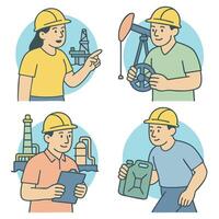 Workers in hard hats engaged in various industrial tasks, showcasing teamwork and expertise vector