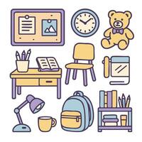 Cozy study space with desk, chair, and various school supplies, creating warm atmosphere vector