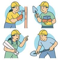 Group of workers engaged in various construction tasks, showcasing teamwork and skills vector