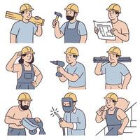 Collection of workers engaged in various construction tasks, showcasing teamwork and skills vector