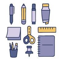 Stationery items including pen pencil marker glue ruler scissors sticky note notebook and push vector