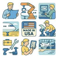 Manufacturing process airplane assembly engineering design teamwork innovation quality control vector
